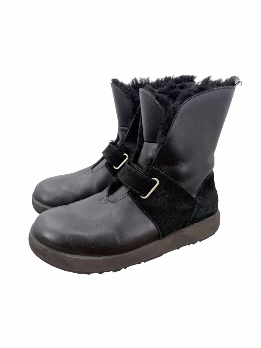 UGG Black Leather Shearling Buckle Boots Vibram Arctic Grip Waterproof 9